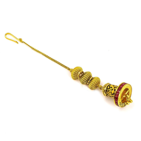 22K Antique Yellow Gold Tikka W/ Layered Artisanal Charms & Channel Set Ruby Pendant |  22K Antique Yellow Gold Tikka W/ Layered Artisanal Charms & Channel Set Ruby Pendant for wom...