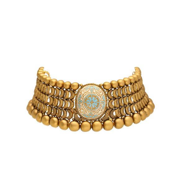 22K Yellow Antique Gold Choker Set W/ Blue & White Meena Center | 


This set is an excellent way to add beautiful jewelry from our collection to your wardrobe. We...