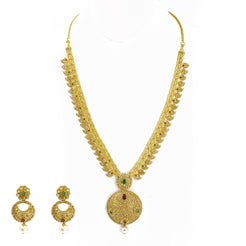 22K Yellow Gold Set Necklace & Earrings W/ Uncut Diamonds, Rubies & Emeralds on Three-Row Chain