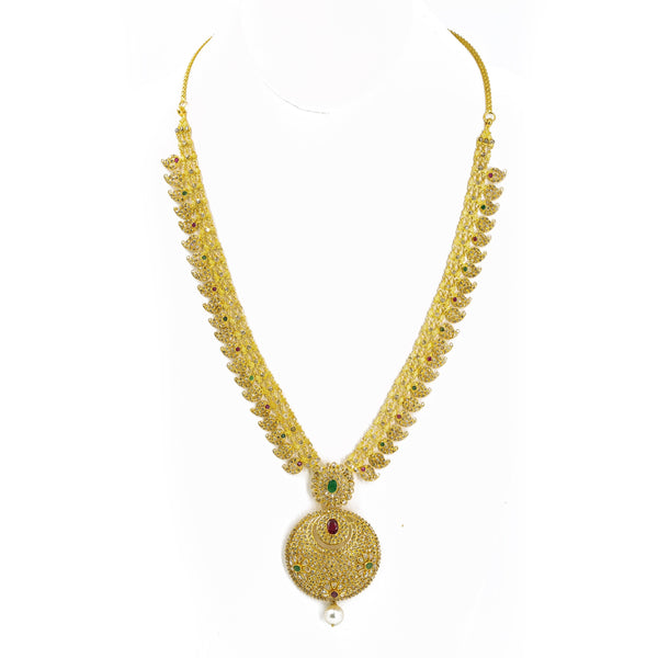 22K Yellow Gold Set Necklace & Earrings W/ Uncut Diamonds, Rubies & Emeralds on Three-Row Chain |  22K Yellow Gold Set Necklace & Earrings W/ Uncut Diamonds, Rubies & Emeralds on Three-Ro...