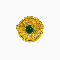 22K Yellow Gold Adjustable Shield Ring W/ Emerald & Rope Accents