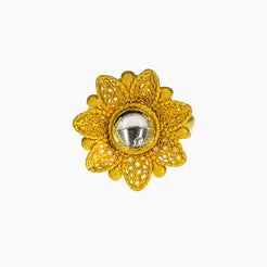 22K Yellow Gold Adjustable Ring W/ Kundan & Bloomed Faceted Flower