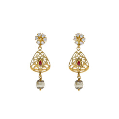 22K Yellow Antique Gold Drop Earrings W/ CZ, Rubies, Pearls & Laser Cut Design