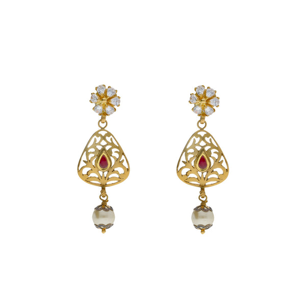 22K Yellow Antique Gold Drop Earrings W/ CZ, Rubies, Pearls & Laser Cut Design | 


Exude elegance with the classic touches of fine design with special jewelry like this 22K yell...
