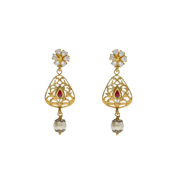 22K Yellow Antique Gold Drop Earrings W/ CZ, Rubies, Pearls & Laser Cut Design | 


Exude elegance with the classic touches of fine design with special jewelry like this 22K yell...