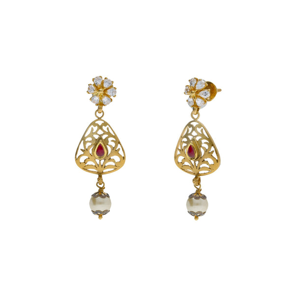 22K Yellow Antique Gold Drop Earrings W/ CZ, Rubies, Pearls & Laser Cut Design | 


Exude elegance with the classic touches of fine design with special jewelry like this 22K yell...