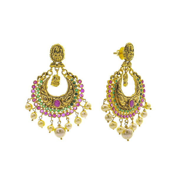 An image of the post and side of the Antique Laxmi Temple 22K gold earrings from Virani Jewelers. | Turn heads as soon as you walk in the room with this 22K gold necklace set from Virani Jewelers!
...