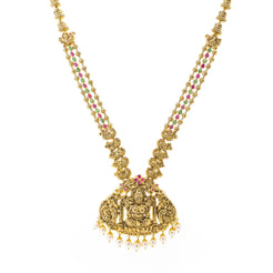 An image of the 22K gold necklace with a depiction of Laxmi from Virani Jewelers.