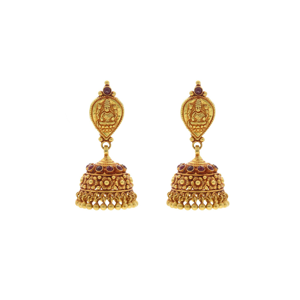 22K Yellow Gold Antique Matte Finish Earrings W/Ruby, 4.7 grams | 


This pair earrings come in a temple-inspired design. The intricate and elaborate detailing on ...