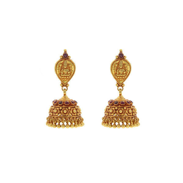 22K Yellow Gold Antique Matte Finish Earrings W/Ruby, 4.7 grams | 


This pair earrings come in a temple-inspired design. The intricate and elaborate detailing on ...