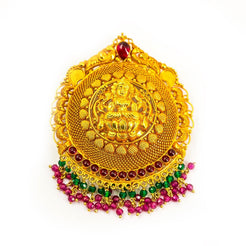 22K Yellow Gold Antique Pendant W/ Hanging Emeralds & Rubies on Laxmi Engraved Shield Frame