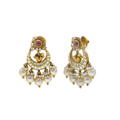 22K Yellow Antique Gold Chandbali Pendant & Earrings Set W/ Kundan, Rubies & Pearls