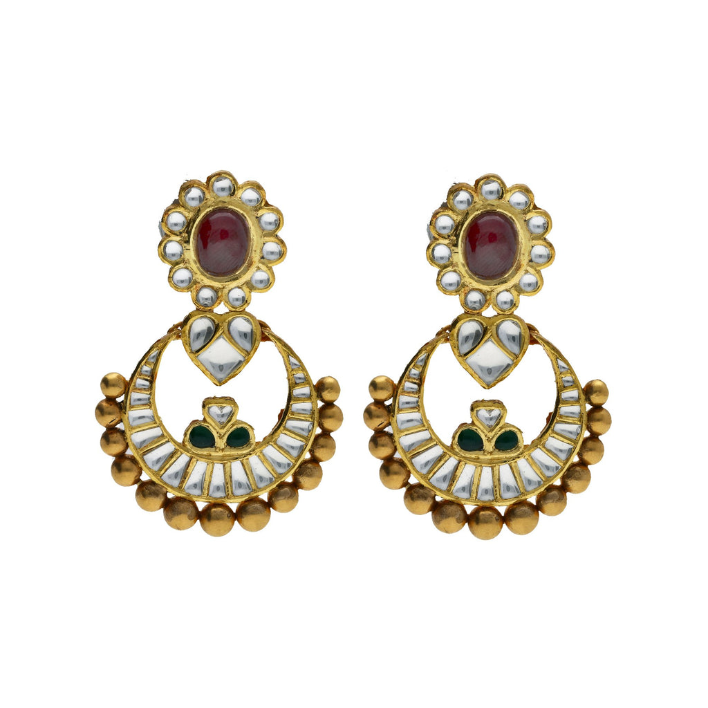 22K Yellow Antique Gold Chandbali Pendant & Earrings Set W/ Kundan, Rubies & Emeralds | 



Bring in the elements of precious gemstone designs and antique gold to your attire with piece...