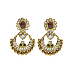 22K Yellow Antique Gold Chandbali Pendant & Earrings Set W/ Kundan, Rubies & Emeralds