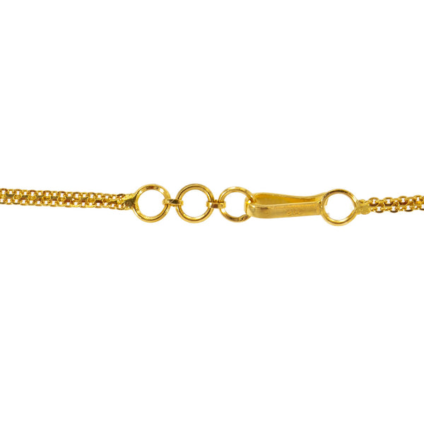 An image of the hook-in-eye clasp on the Antique Medallion 22K gold necklace from Virani Jewelers. | Celebrate culture and tradition with this gorgeous 22K gold necklace set from Virani Jewelers!

F...
