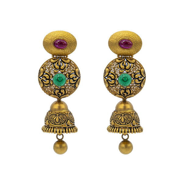 An image of the Vasudha 22K gold earrings from Virani Jewelers. | Give your confidence a boost with this 22K gold necklace set from Virani Jewelers!

Features meda...