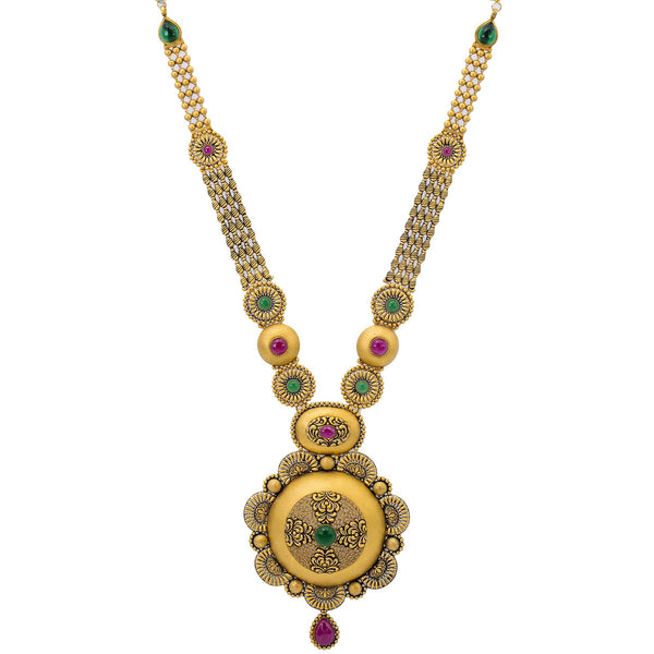 An image of the Vasudha 22K gold necklace from Virani Jewelers. | Give your confidence a boost with this 22K gold necklace set from Virani Jewelers!

Features meda...
