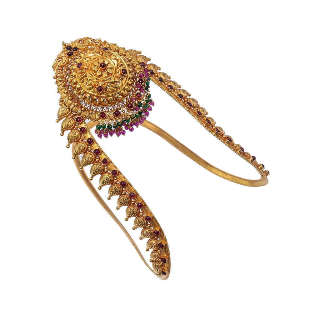 22K Yellow Gold Mango Arm Vanki W/ Emeralds & Rubies | Enhance your special look with the graceful allure of arm Vankis such as these 22K yellow gold ma...