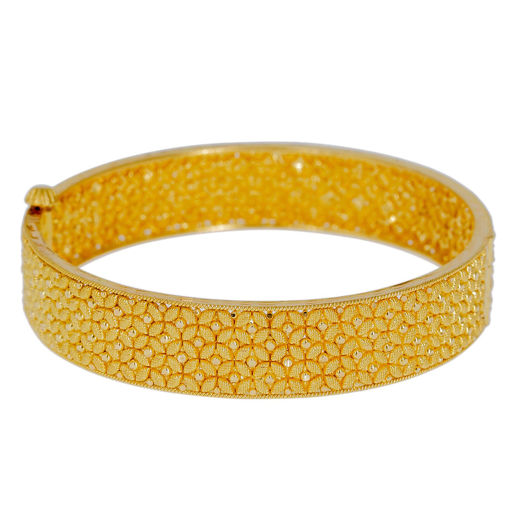 22K Yellow Gold Bangle W/ Clustered Flowers Design | Explore the alluring mystique of finely detailed gold bangles with this 22K yellow gold women’s b...