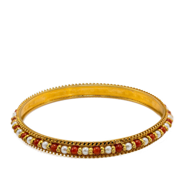 22K Yellow Gold Bangles Set of 2 W/ Pearls & Ruby Bead Accents | 22K Yellow Gold Bangles Set of 2 W/ Pearls & Ruby Bead Accents for women. This beautiful set ...