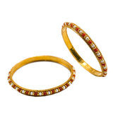 22K Yellow Gold Bangles Set of 2 W/ Pearls & Ruby Bead Accents | 22K Yellow Gold Bangles Set of 2 W/ Pearls & Ruby Bead Accents for women. This beautiful set ...