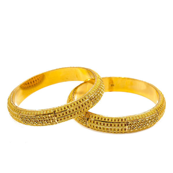 22K Yellow Gold Bangles Set of 2 W/ Clustered Beaded Filigree & Thick Domed Band |  22K Yellow Gold Bangles Set of 2 W/ Clustered Beaded Filigree & Thick Domed Band for women. ...