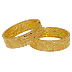 22K Yellow Gold Bangles Set of 2 W/ Beaded Filigree & Indented Elegant Flower, Size 2.2