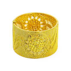 22K Yellow Gold Bangle W/ Faceted Lotus Flower Centerpiece & Openable Band