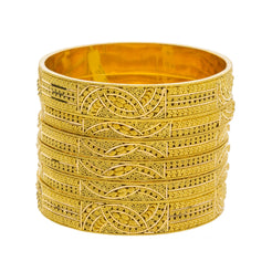 22K Yellow Gold Wide Bangles Set of 6 W/ Abstract Textured Gold Design