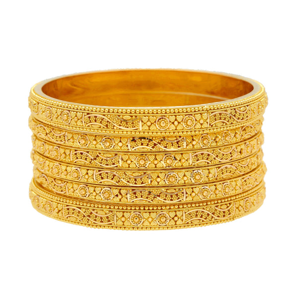 22K Yellow Gold Bangles Set of Six W/ Thick & Thin Pieces | 


Create a modern layered look with the unique details of this set of six radiant 22K yellow gol...