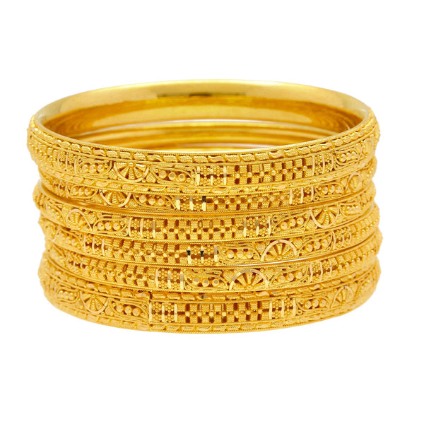 22K Yellow Gold Domed Bangles Set of Six W/ Thick & Thin Bangles 92.7 Grams | 


Add the needed depth and texture to your everyday style with the beauty of this set of six fla...