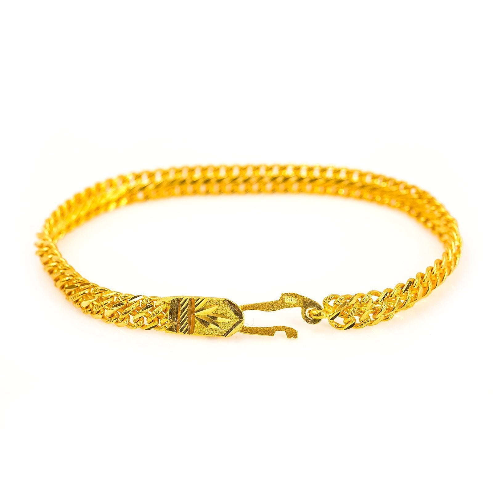 22K Yellow Gold Bracelet W/ Textured Chain & Light Etched Leaf on