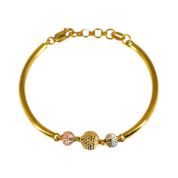 22K Multi Tone Gold Bracelet W/ Centered White, Yellow & Rose Gold Spindle Beads | A combination of smooth and detailed is a lovely recipe for unique pieces such as this 22K multi ...