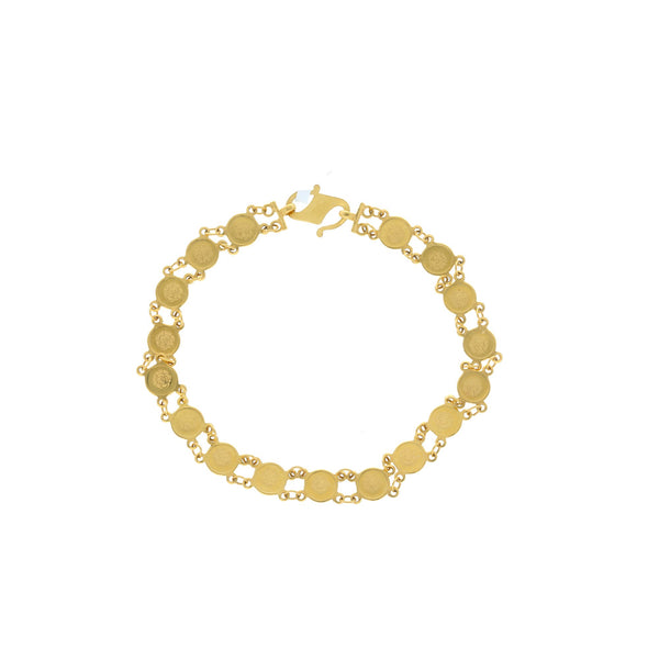 22K Yellow Gold Coin Link Peace Bracelet, 8.8 grams | 


This 22K yellow gold bracelet is a good-looking and chunky bracelet with minimal designs that ...