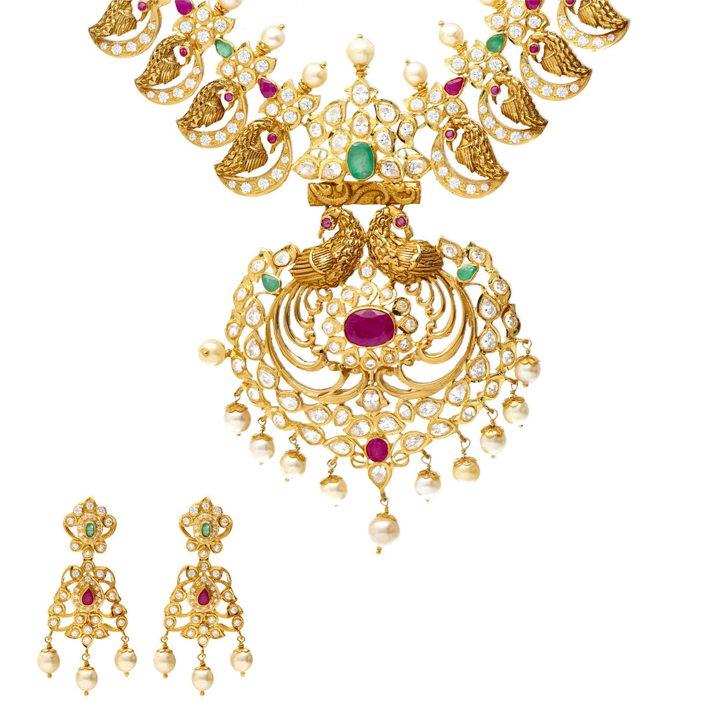 22K Gold Pachi Mango mala Necklace Set | The 22K Gold Bejeweled Kundan Jewelry Set from Virani Jewelers is simply stunning. This exquisite...