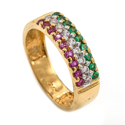 22K Yellow Gold Band Ring W/ Pave Set Rubies, Emeralds & CZ Gems