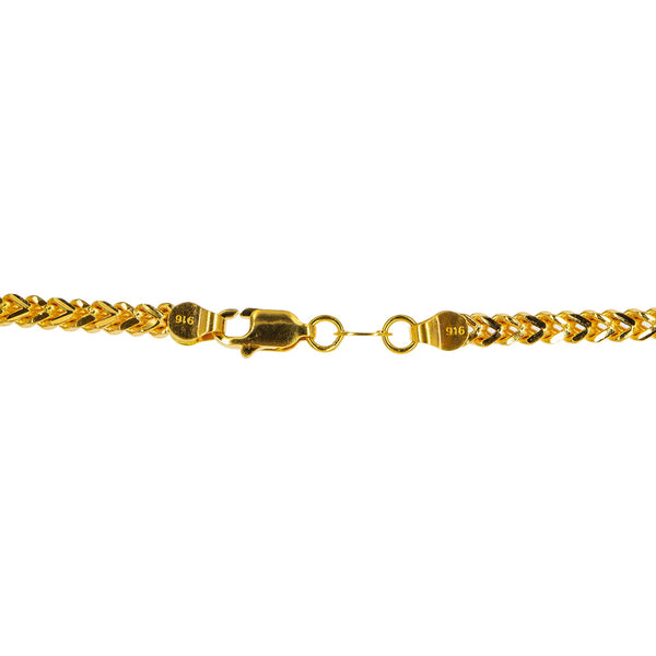 An image of the lobster claw clasp featured on the flat wheat-link, 22K gold rope chain from Virani. | Treat yourself to something elegant when you buy a 22K gold chain from Virani Jewelers!

Perfect ...