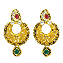 22K Yellow Gold Chandbali Long Drop Earrings W/ Ruby, Emerald, Kundan & Rimmed Antique Finish Details