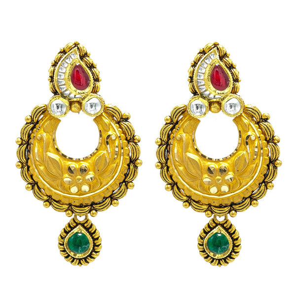 22K Yellow Gold Chandbali Long Drop Earrings W/ Ruby, Emerald, Kundan & Rimmed Antique Finish Details | 22K Yellow Gold Chandbali Long Drop Earrings W/ Ruby, Emerald, Kundan & Rimmed Antique Finish...