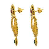 22K Yellow Gold Chandbali Long Drop Earrings W/ Ruby, Emerald, Kundan & Rimmed Antique Finish Details | 22K Yellow Gold Chandbali Long Drop Earrings W/ Ruby, Emerald, Kundan & Rimmed Antique Finish...