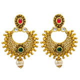 22K Yellow Gold Chandbali Long Drop Earrings W/ Ruby, Emerald, Kundan & Pearl on Beaded Open Pendant | 22K Yellow Gold Chandbali Long Drop Earrings W/ Ruby, Emerald, Kundan & Pearl on Beaded Open ...
