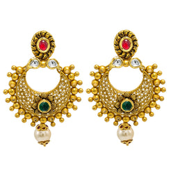 22K Yellow Gold Chandbali Long Drop Earrings W/ Ruby, Emerald, Kundan & Pearl on Beaded Open Pendant