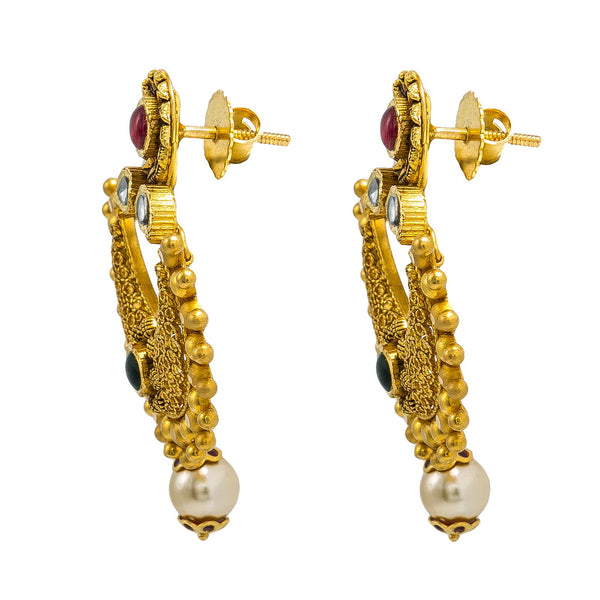 22K Yellow Gold Chandbali Long Drop Earrings W/ Ruby, Emerald, Kundan & Pearl on Beaded Open Pendant | 22K Yellow Gold Chandbali Long Drop Earrings W/ Ruby, Emerald, Kundan & Pearl on Beaded Open ...