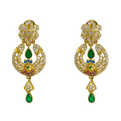 22K Yellow Gold Earrings W/ Multi Color CZ & Emeralds on Hanging Peacock Pendant