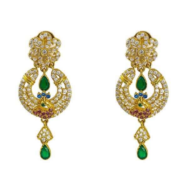 22K Yellow Gold Earrings W/ Multi Color CZ & Emeralds on Hanging Peacock Pendant |  22K Yellow Gold Earrings W/ Multi Color CZ & Emeralds on Hanging Peacock Pendant for women. ...