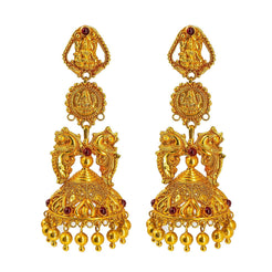 22K Yellow Gold Jhumki Drop Earrings W/ Precious Rubies on Double Laxmi Pendant Designs