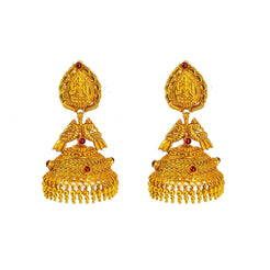 22K Yellow Gold Jhumki Drop Earrings W/ Precious Rubies on Basket Weave Design & Double Peacock Accents