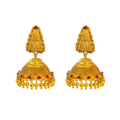 22K Yellow Gold Jhumki Drop Earrings W/ Precious Rubies & Triangular Engraved Pendant