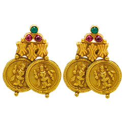 22K Yellow Gold Earrings W/ Rubies, Emeralds & Antique Finish Engraved Coins