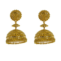 22K Yellow Gold Jhumki Drop Earrings W/ Beaded Filigree & Halo Cap Accent